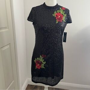 NWT Bebe Black Sequin Dress with Red and Green Floral Embroidery